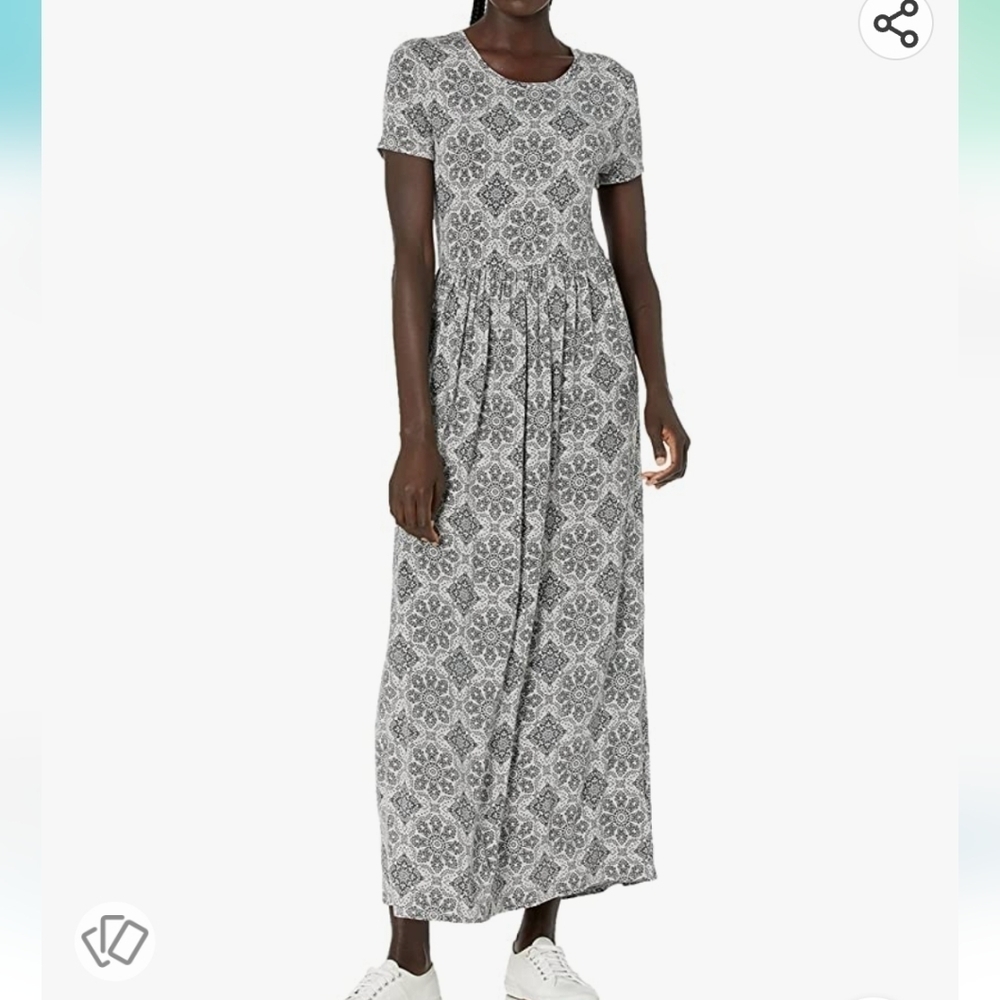Amazon Essentials Short-Sleeve Waisted Maxi Dress in Gray Tile Print Size XS